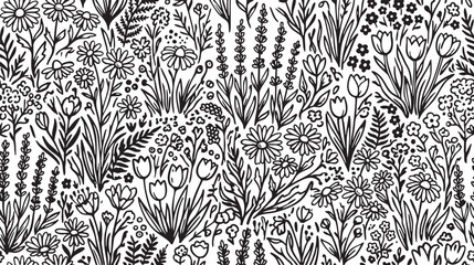 Floral pattern design featuring hand drawn botanical elements like daisies tulips and lavender arranged in a seamless repeating monochrome background for textile print projects © Ajoy