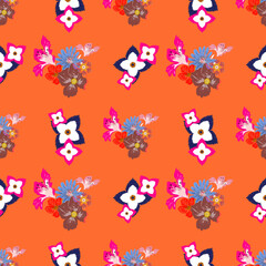 Obraz premium Energetic hand-drawn sunny orange background with stylish floral flourishes and repetitive botanical icons for summer design.