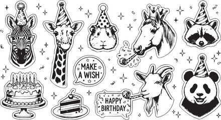 Animal birthday stickers set featuring hand drawn zebra giraffe guinea pig horse raccoon panda goat cake and celebration party elements on a white background © Ajoy