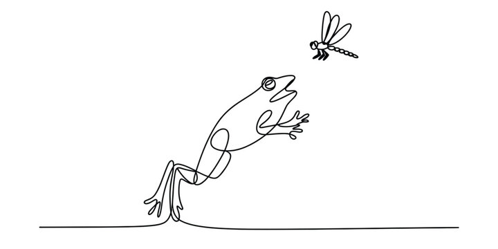 Continuous single line drawing of a frog jumping to catch a flying dragonfly Vector, illustration