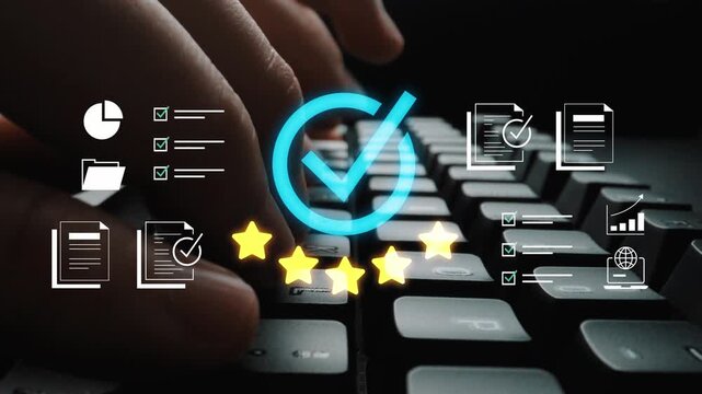 Hands typing on a keyboard with productivity icons, charts, and check marks symbolizing successful project management and organizational efficiency Gluon.