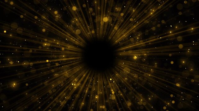 Golden radial light burst dark center, warm rays, floating bokeh, glitter particles, cinematic glow. for luxury intros, award reveals, festive videos, dramatic transitions, and celebration overlays.