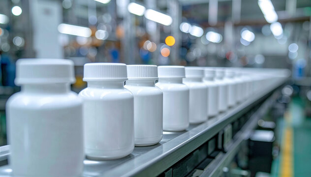 Rows of white plastic pill bottles move along an industrial conveyor belt.