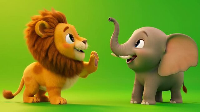 Cute baby elephant cartoon and baby lion 3D character illustration