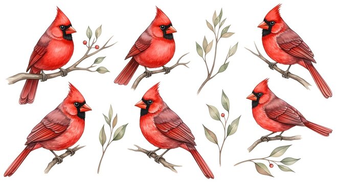 Collection of Red Cardinals Perched on Branches with Green Leaves.
