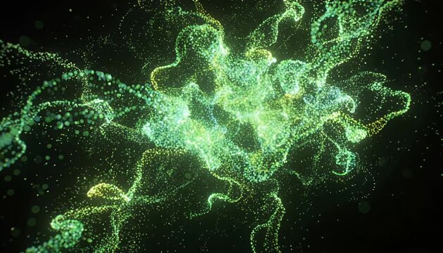 Green particle wave glowing abstract energy digital light background fluid swirl motion neon dust science tech art dynamic fractal pattern cosmic space fantasy stream futuristic data flow vibrant