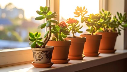 Fototapeta premium Potted Succulents on Window Sill Indoor.