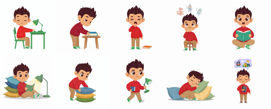 Cute boy character set in various poses reading books, studying, yawning, daydreaming and sleeping with pillows and lamp. Vector illustration for education and childhood concepts.