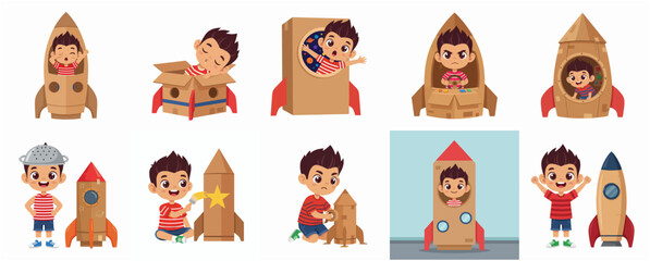 Set of Cute Little Boy Playing and Building Cardboard Rocket Ship Toys for Space Adventure © Camelia