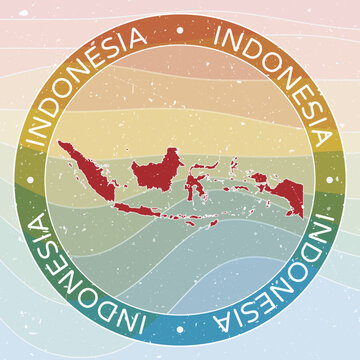 Vintage Indonesia Round Logo. Distressed wave stripes Country badge with grunge scratch texture. Indonesia Retro Map Emblem. Vector Illustration.