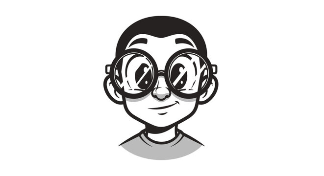 Cartoon boy with big round glasses, smiling, black and white