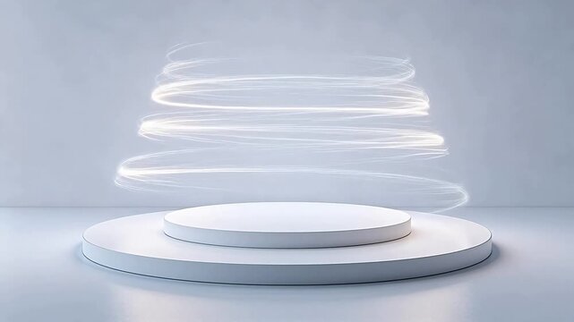 White circular platform with spiral light helix on gray background