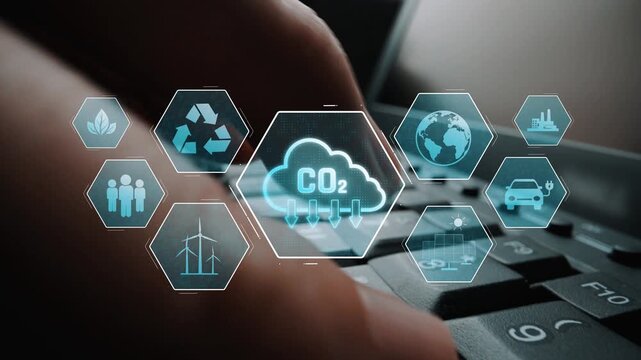 Carbon reduction at the center of sustainable strategies, including renewable energy, recycling, clean water, innovation, global responsibility, and eco-friendly industry Marrow