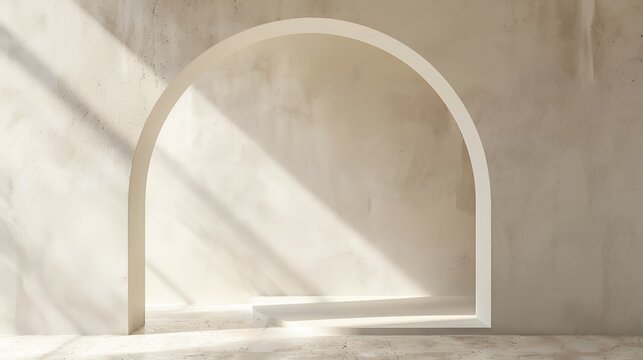 Minimalist arched niche with sunlit textured wall and geometric shadows. Aesthetic architectural background for product display