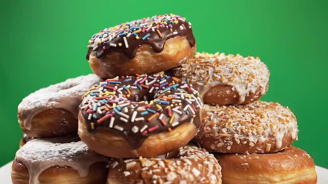 Delicious Assortment of Sweet Donuts Stacked High on a White Plate.