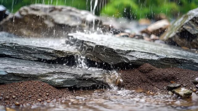 Rain falling on rocks and creating small streams in nature.