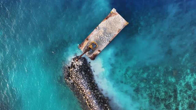 Aerial view of an excavator on a floating barge constructing a stone breakwater in turquoise tropical waters Kamadhoo, Baa Atoll, Maldives.