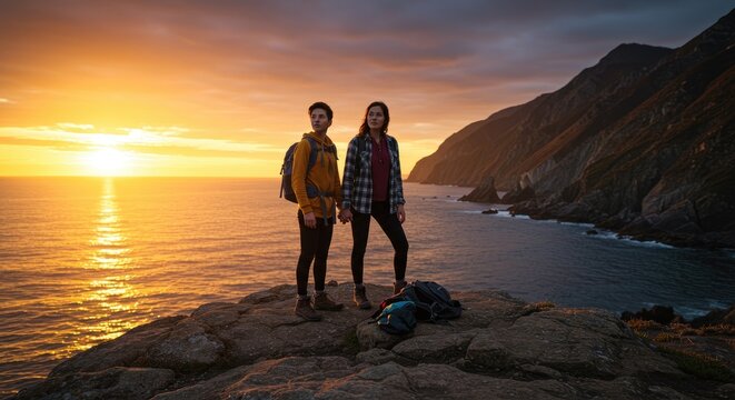 Two hikers observe sunset over ocean coastline landscape