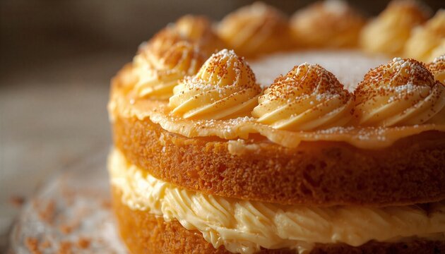 Close-up of vanilla cream cake texture with frosting details