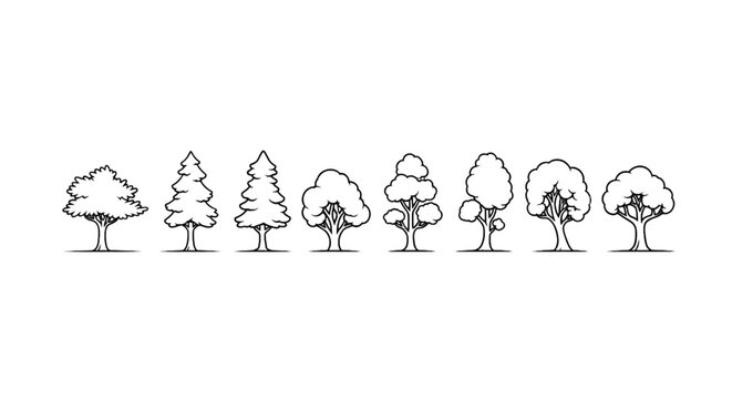 A set of diverse tree illustrations, showcasing various shapes and styles of trees for natural design elements