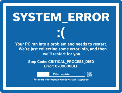 Blue screen of death system error computer crash display.