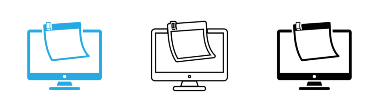 Computer monitor with document icon set color outline and silhouette versions