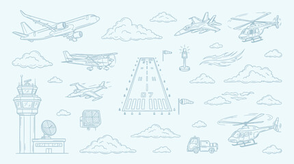 A whimsical, hand-drawn illustration depicting various aircraft, airport infrastructure, and atmospheric elements against a light blue background. © KN collection