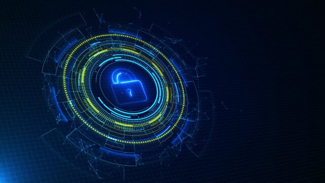 Blue cyber security lock glowing HUD rings, digital grid, network nodes, secure technology interface. for privacy videos, data protection, online safety, AI security intros, software overlays.