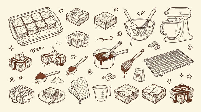 A charming hand-drawn illustration showcasing a delightful assortment of brownies and baking essentials, perfect for a culinary or recipe-themed project.
