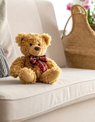Fototapeta premium Teddy bear sitting on white couch.