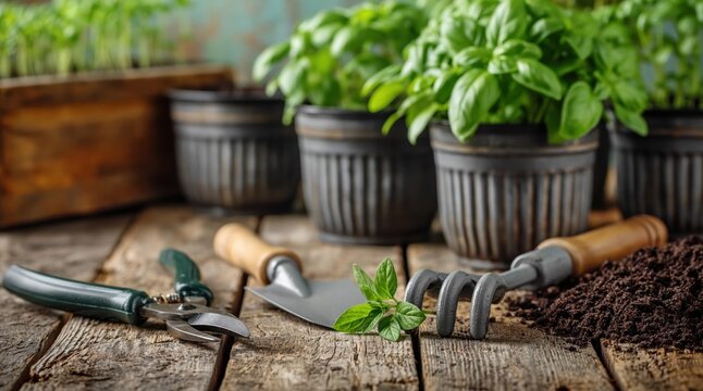 Close up view of fresh green basil plants in dark pots with gardening tools like trowel and pruners on weathered rustic wooden table surface. High quality photo