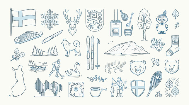 A charming collection of hand-drawn illustrations representing Finnish culture, nature, and winter activities.