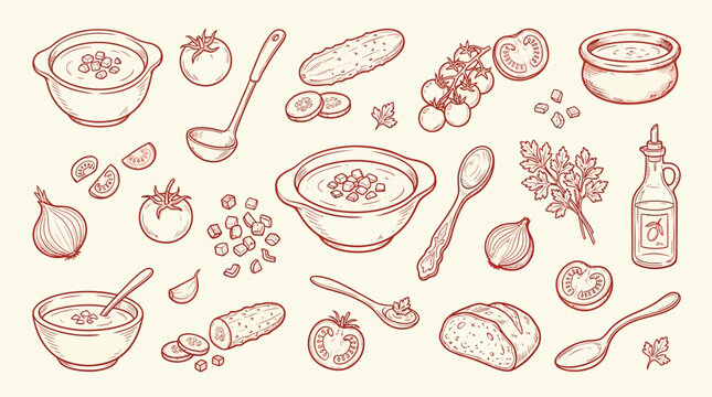 A charming hand-drawn illustration featuring a variety of ingredients and dishes related to soup preparation and serving.