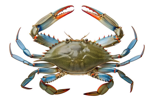 Large Atlantic Blue Crab Top View Portrait Isolated on White Background &ndash; Hyper-Realistic Marine Wildlife Photography of Callinectes Sapidus for Seafood and Educational Design