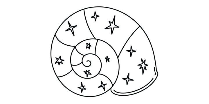 Simple black and white line art drawing of a spiral seashell decorated with small stars Vector, illustration
