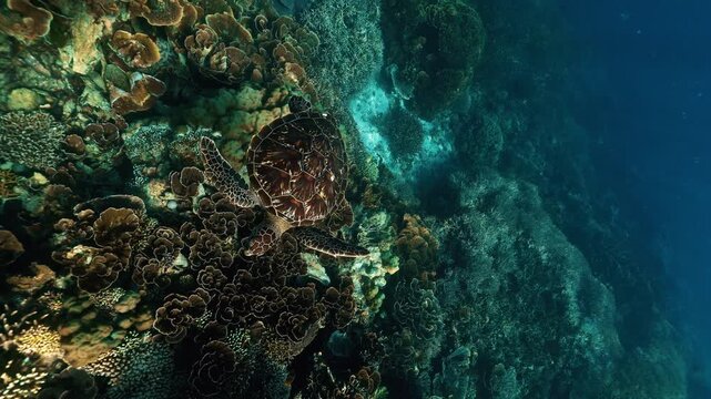 Cinematic Turtle slowly swimming relaxed empty clear blue ocean relaxing minimalist swim from coral to open sea with sun rays. bali indonesia gili islands underwater snorkel snorkelling marine life