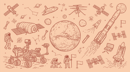 A whimsical hand-drawn illustration depicting various elements of space exploration, including rockets, astronauts, planets, and satellites. © KN collection