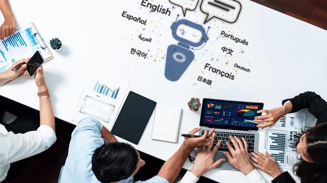 A team works collaboratively in a contemporary office, exploring multilingual AI technology while analyzing data on laptops, showcasing teamwork and innovation. Raster