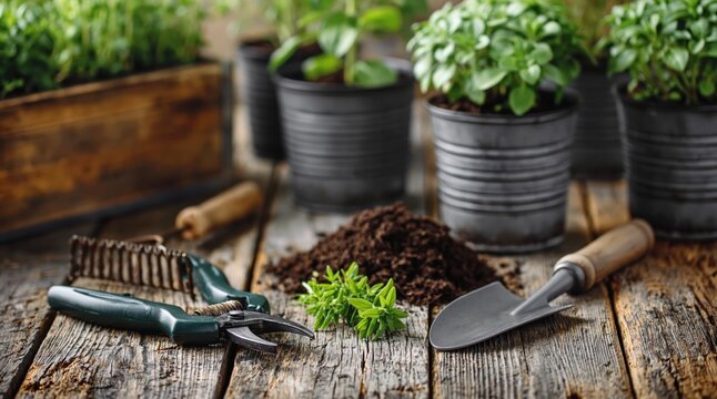 Top down view of gardening equipment including shovel and pruners with soil and potted plants on weathered wooden surface. High quality photo