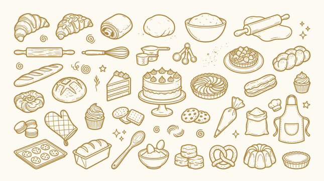 A charming collection of hand-drawn baking and pastry illustrations, featuring a variety of breads, cakes, cookies, and baking tools, presented in a warm, golden outline style on a cream background.