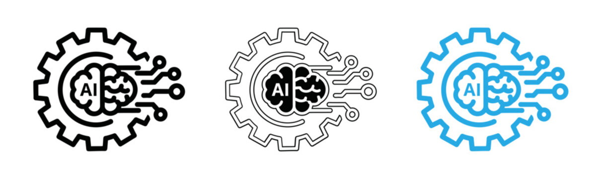 Artificial intelligence gear icon set line outline and solid blue styles