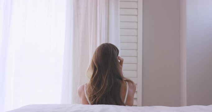 Back, thinking and relax with woman in bedroom for vision, mental health and doubt decision. Thoughts, worry and female person with depression, remember memory and overthinking for loneliness in home
