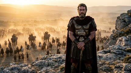Fototapeta premium Ancient military commander overlooking army at sunrise in cinematic historical scene