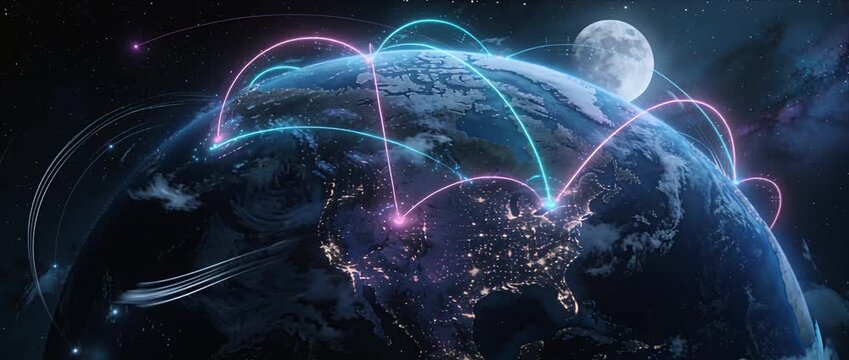 Global connectivity network digital earth data link at night planet cyber communication map of glowing city lights and orbit connection arcs in space atmosphere