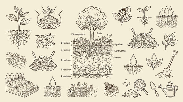 A detailed illustration showcasing the intricate layers of soil, plant roots, and various elements of a healthy ecosystem, including composting, watering, and beneficial insects.