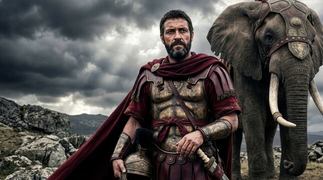 Ancient military commander with war elephant in dramatic cinematic historical portrait