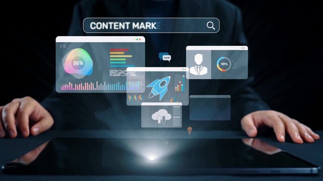 Content marketing interface with data dashboards, analytics charts, and content tools. Marketing success comes from content performance, content planning, and marketing optimization. Elide