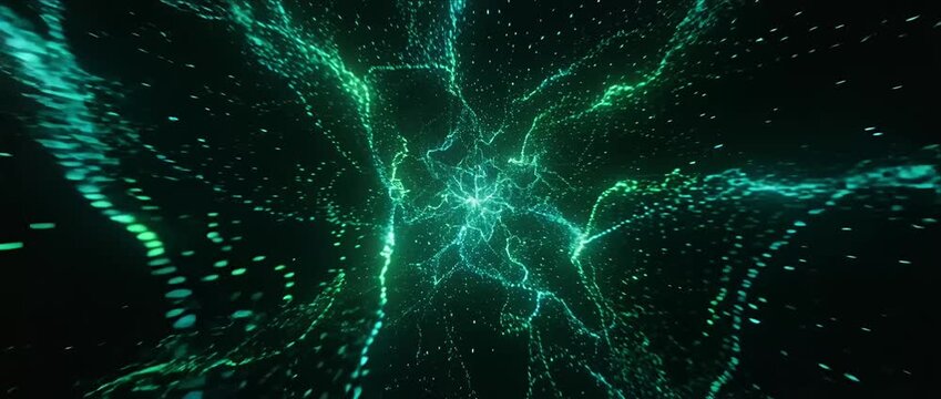 Emerald green luminous abstract energy glowing particle wave dynamic sci fi tunnel vortex neon light pattern cosmic space motion blur vortex swirl smooth digital background