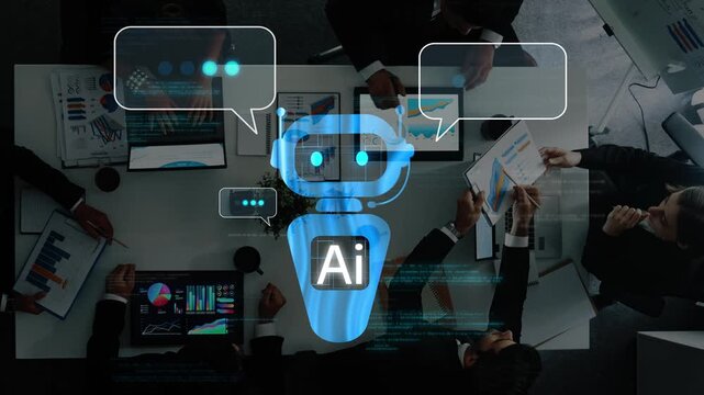 A dynamic business meeting environment showcasing artificial intelligence interactions, data analysis, and innovative technology themes that capture future workplace synergy. Raster