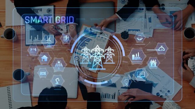 A group of professionals engages in a collaborative effort, exploring a smart grid concept through a digital interface, enhancing strategies for renewable energy solutions. Raster